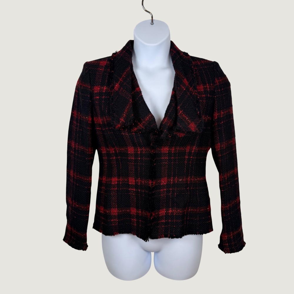 Lafayette 148 Size 10 Red Black Plaid Wool Blend Tweed Blazer Jacket Preppy Chic
